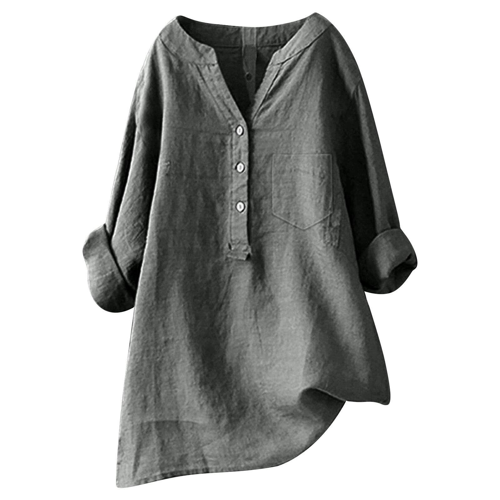 thumbnail image 4 of Camisa holgada de lino liso para mujer: manga larga abotonada, cuello mao, mezcla de poliéster, elegante e informal, 4 of 4